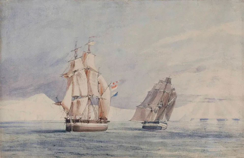 로스해의 에러버스호와 테러호 — 테러호의 항해사 존 에드워드 데이비스 그림 (1841 무렵)