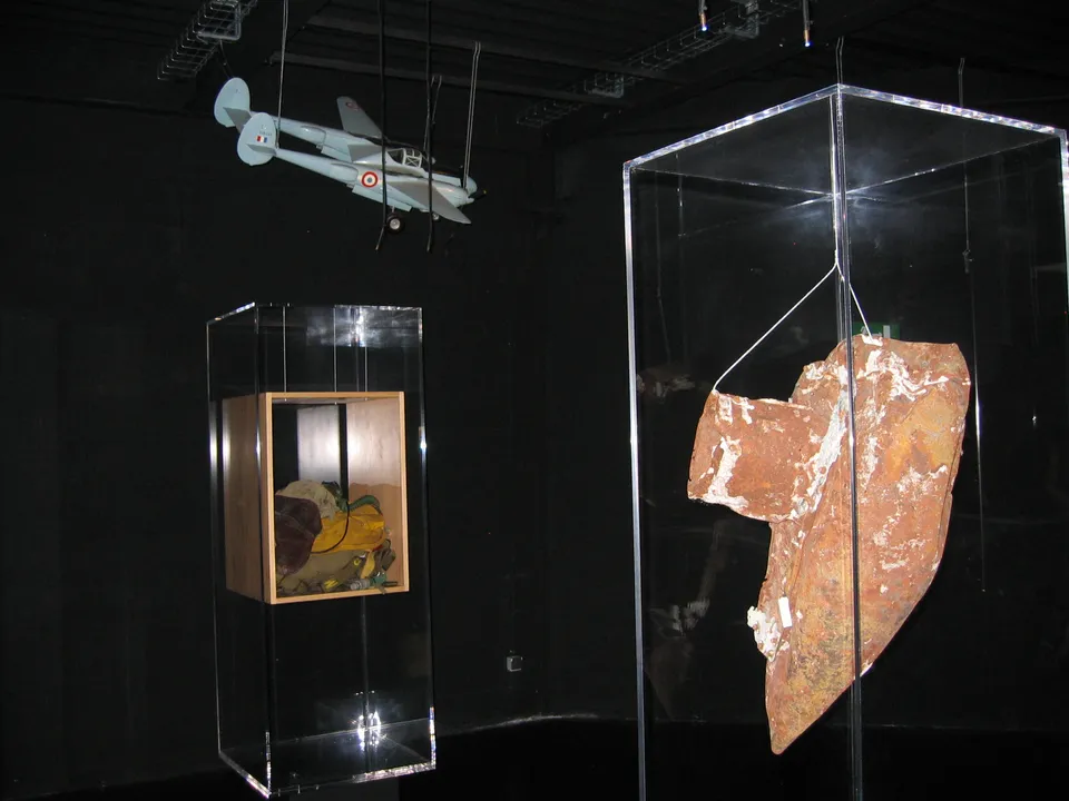 Remnants of Saint-Exupéry’s P-38 raised from the sea, with a model (Musée de l’Air, Le Bourget)