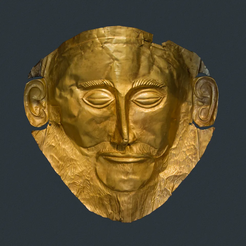 The “Mask of Agamemnon” — gold funeral mask from Shaft Grave V at Mycenae, found in 1876; 16th century BC, National Archaeological Museum, Athens