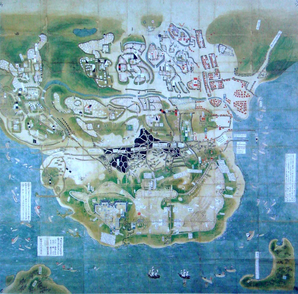 Map of the siege of Hara Castle, showing the rebels’ castle and the surrounding shogunate camps (17th century)
