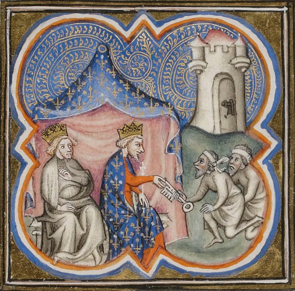 Philip II and Richard I receive the keys of Acre (1191) — miniature in the Grandes Chroniques de France, c. 1375–1380