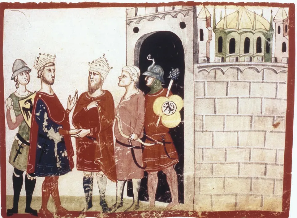 Frederick II (left) and Sultan al-Kamil conclude the Treaty of Jaffa — miniature in Giovanni Villani’s Chronicle, 14th century, Vatican Library