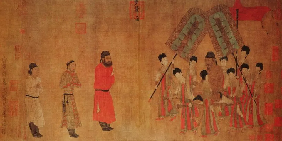 「보련도」 — 문성 공주를 맞으러 온 토번의 사신 가르를 만나는 당 태종 (염립본의 것으로 전함)