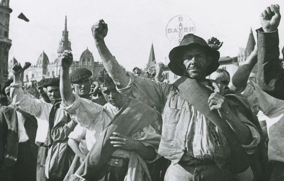 Republican militia parade in the Plaça de Catalunya, Barcelona, July 1936