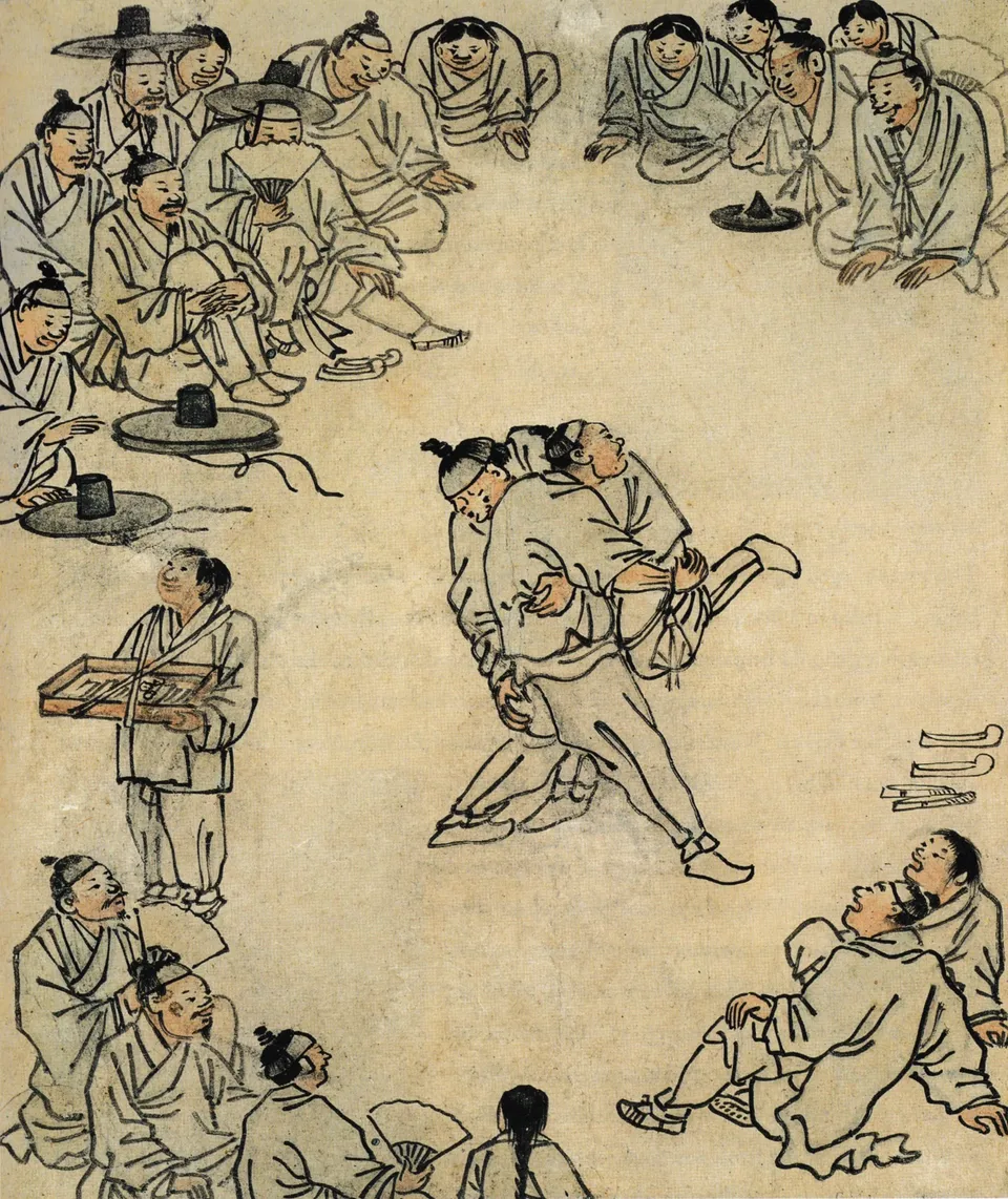 김홍도의 "씨름" — 단원 풍속도첩, 국립중앙박물관