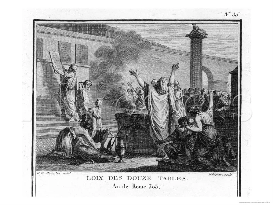 The commission of ten draws up the Twelve Tables, Rome’s first written law — French print, c. 1799