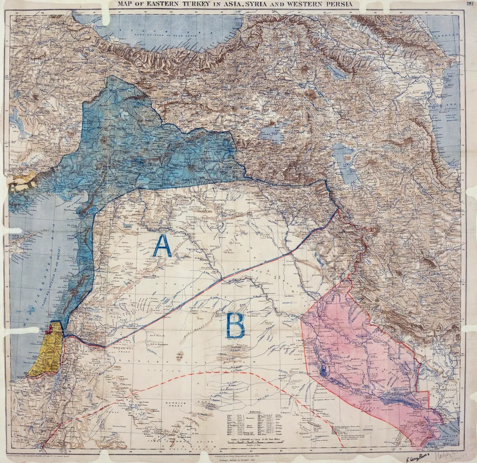 사이크스와 피코가 서명한 협정 지도 — 1916년 5월 8일