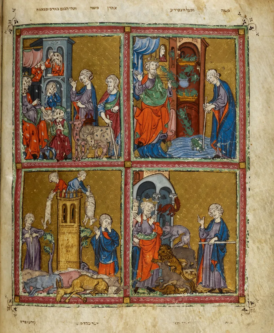 The plagues of Egypt — the Golden Haggadah, 14th-century Catalonia