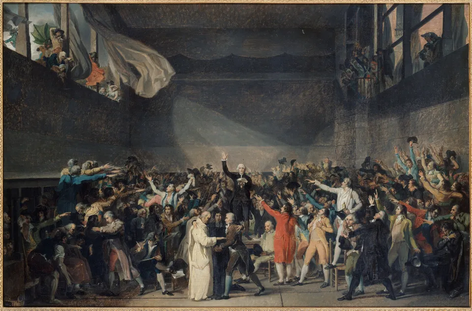 The Tennis Court Oath, 20 June 1789 — Jacques-Louis David, a study for his unfinished great canvas, Musée Carnavalet; the president Bailly leads the oath standing on the table