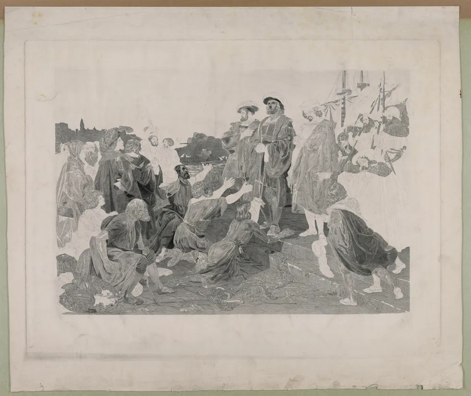 The return of Columbus in chains to Cádiz — 19th-century print