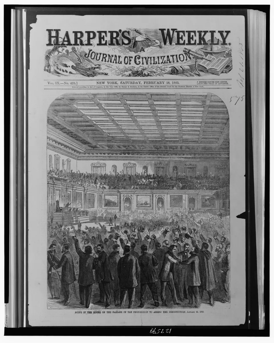 The House on the passage of the Thirteenth Amendment, 31 January 1865 — Harper’s Weekly wood engraving, Library of Congress