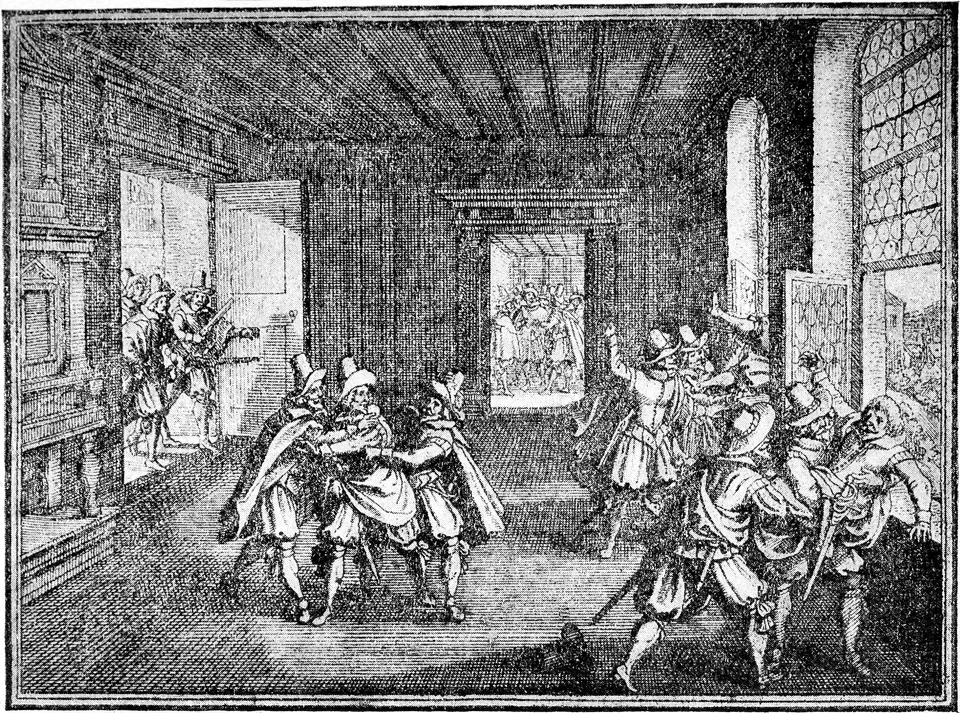 The Defenestration of Prague, 1618 — engraving by Matthäus Merian, 1662