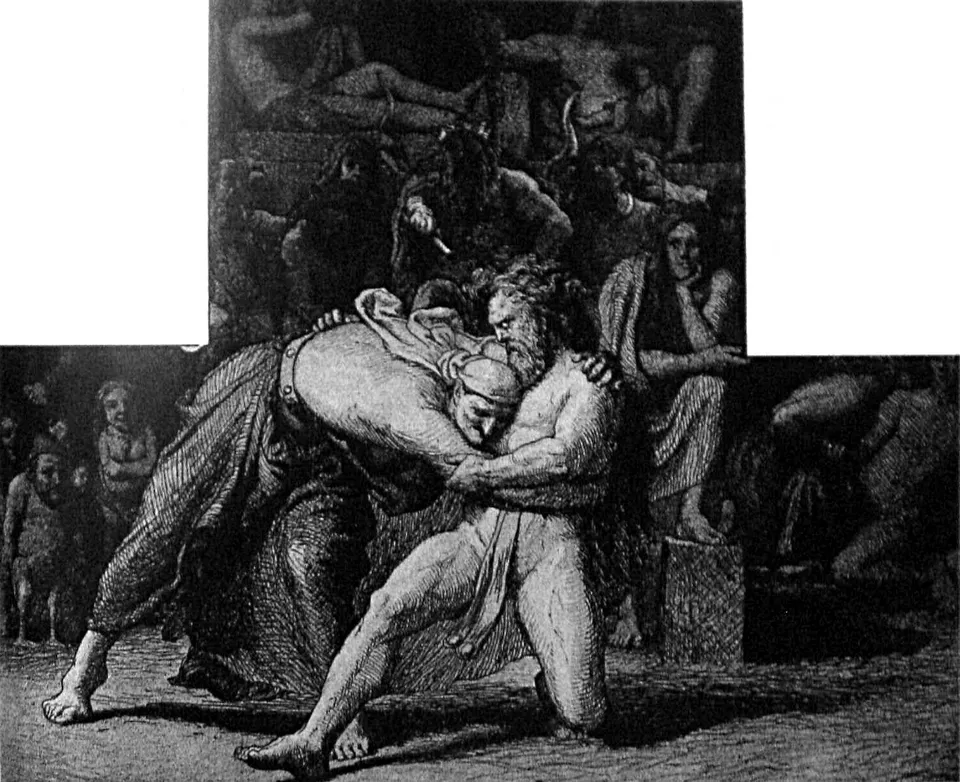 로렌스 프뢸리크, 늙음의 여인 엘리와 씨름하다 무릎을 꿇는 토르 — 1872년 출간된 삽화