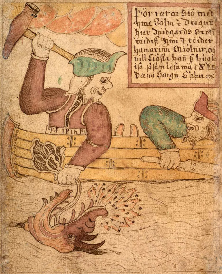 거인 히미르와 배를 타고 요르문간드를 낚는 토르 — 아이슬란드 필사본 SÁM 66, 1765 – 1766년, 레이캬비크 아르니 마그누손 연구소