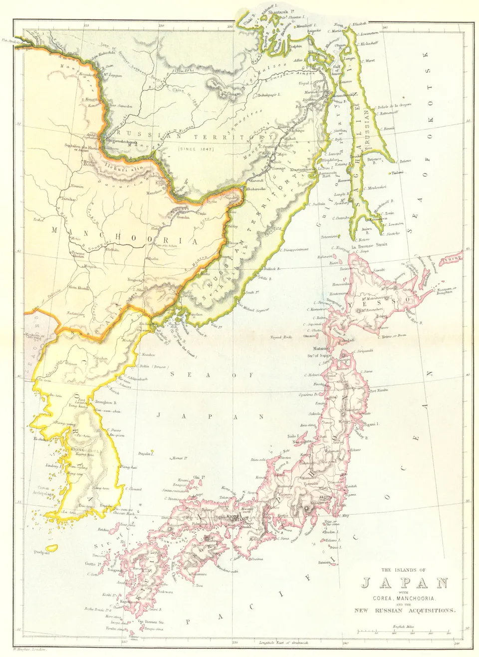 「일본 열도와 조선, 만주, 그리고 러시아가 새로 얻은 땅」 — 아이훈·베이징 조약 무렵의 영국 지도
