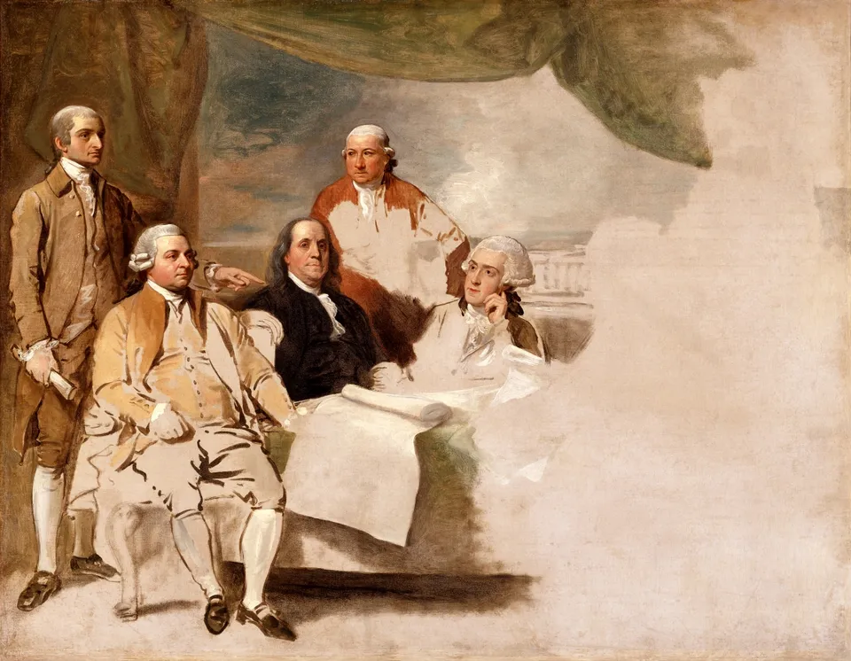Benjamin West’s unfinished painting of the American peace commissioners — Jay, Adams, Franklin and others. The British delegates refused to sit, leaving the right side blank