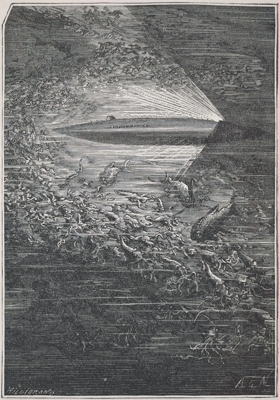 The Nautilus moving beneath the sea with its searchlight — by Alphonse de Neuville (Hetzel edition, 1871)