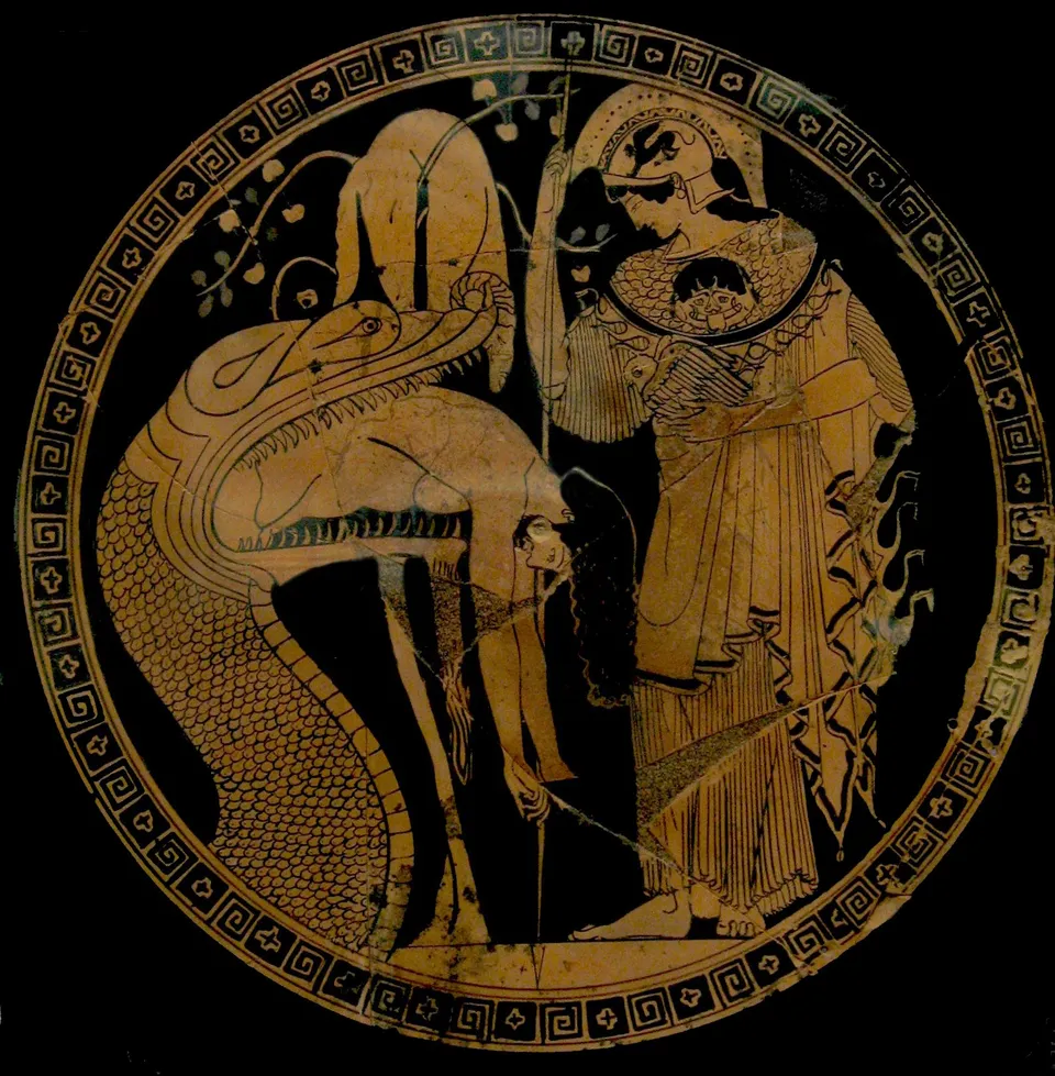 Cup by Douris — Jason disgorged by the dragon guarding the Golden Fleece, watched by Athena. Athenian red-figure cup, c. 480–470 BC, Vatican Museums