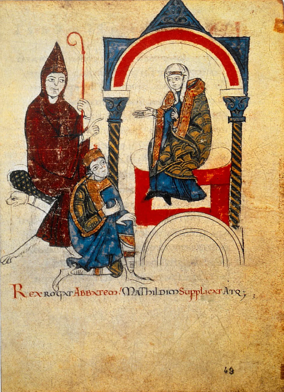 Henry IV kneels before Matilda of Tuscany, with Abbot Hugh of Cluny, asking them to intercede — Vita Mathildis, c. 1115