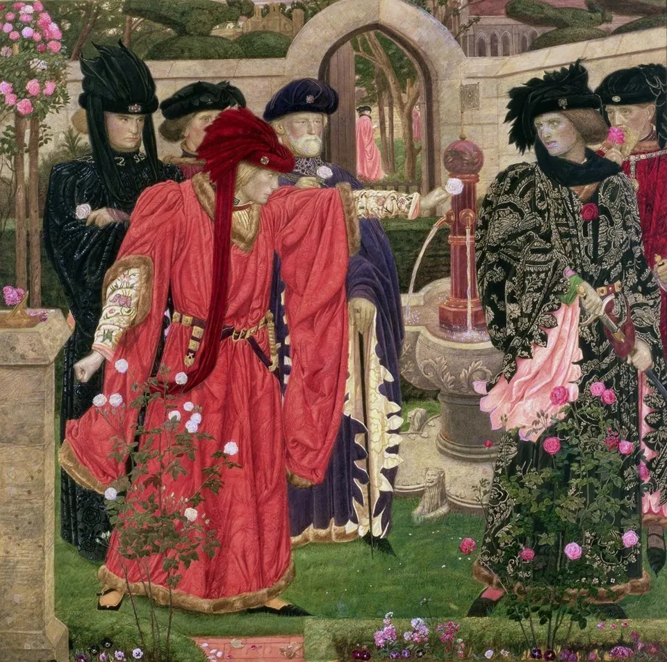 Nobles choosing the red and white roses — a scene from Shakespeare’s Henry VI, by Henry Arthur Payne, c. 1908