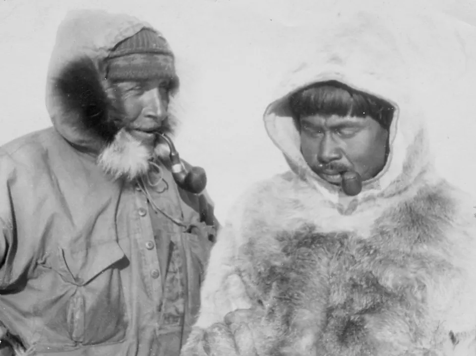 Wegener (left) and Rasmus Villumsen on the Greenland ice sheet, November 1930 — the last photograph of Wegener