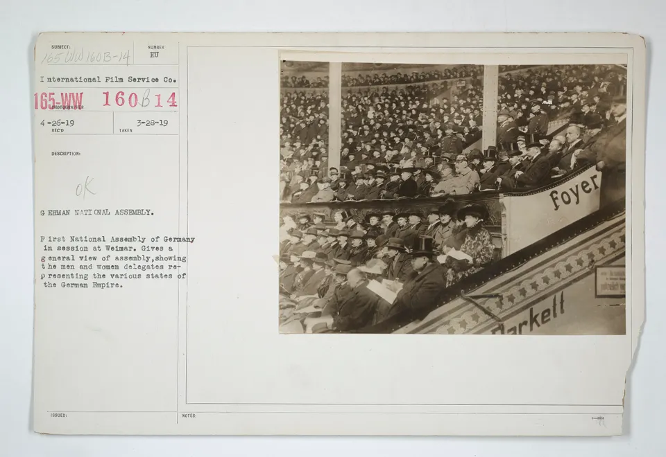 The German National Assembly in session at Weimar, with women among the delegates, 1919