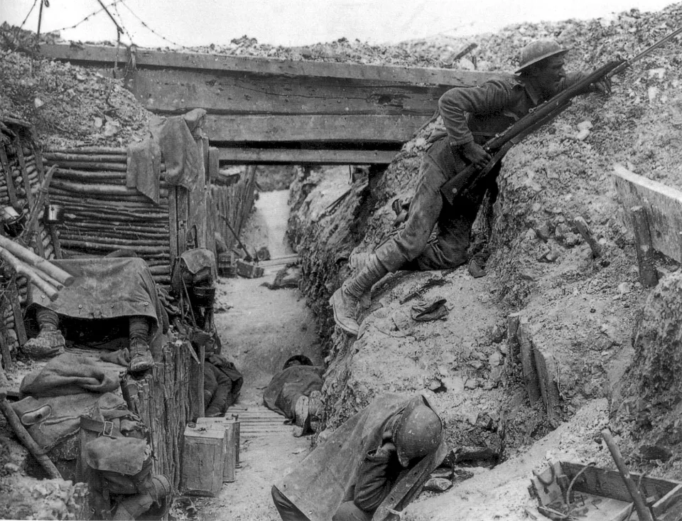 Soldiers of the Cheshire Regiment in a trench during the Battle of the Somme, July 1916