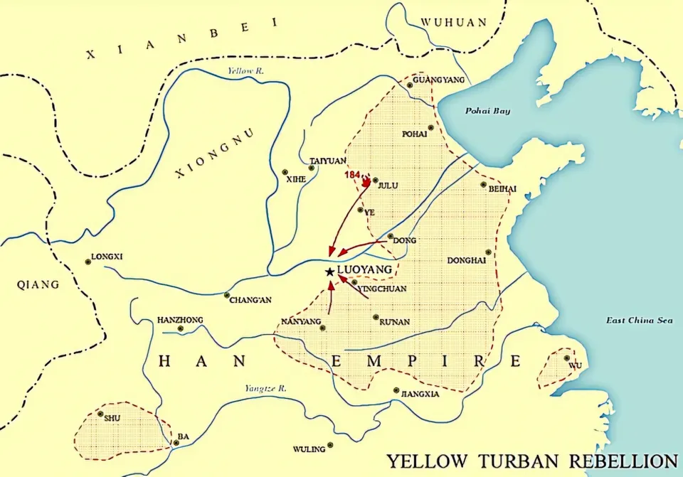Map of the Yellow Turban Rebellion of 184 — the rising from Julu towards Luoyang and its extent