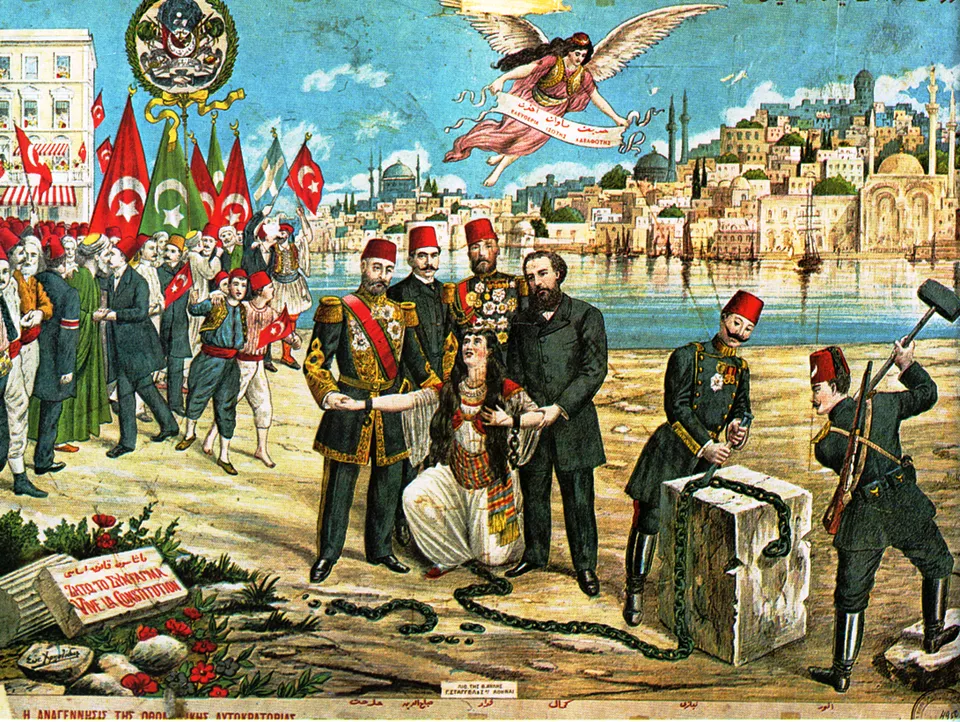 Ottoman Greek lithograph celebrating the restored constitution, 1908, showing Midhat Pasha, Enver and others