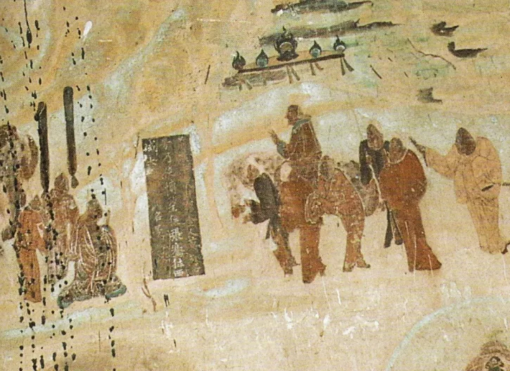 Zhang Qian taking leave of Emperor Wu for the Western Regions — mural in Mogao Cave 323, Dunhuang, early Tang