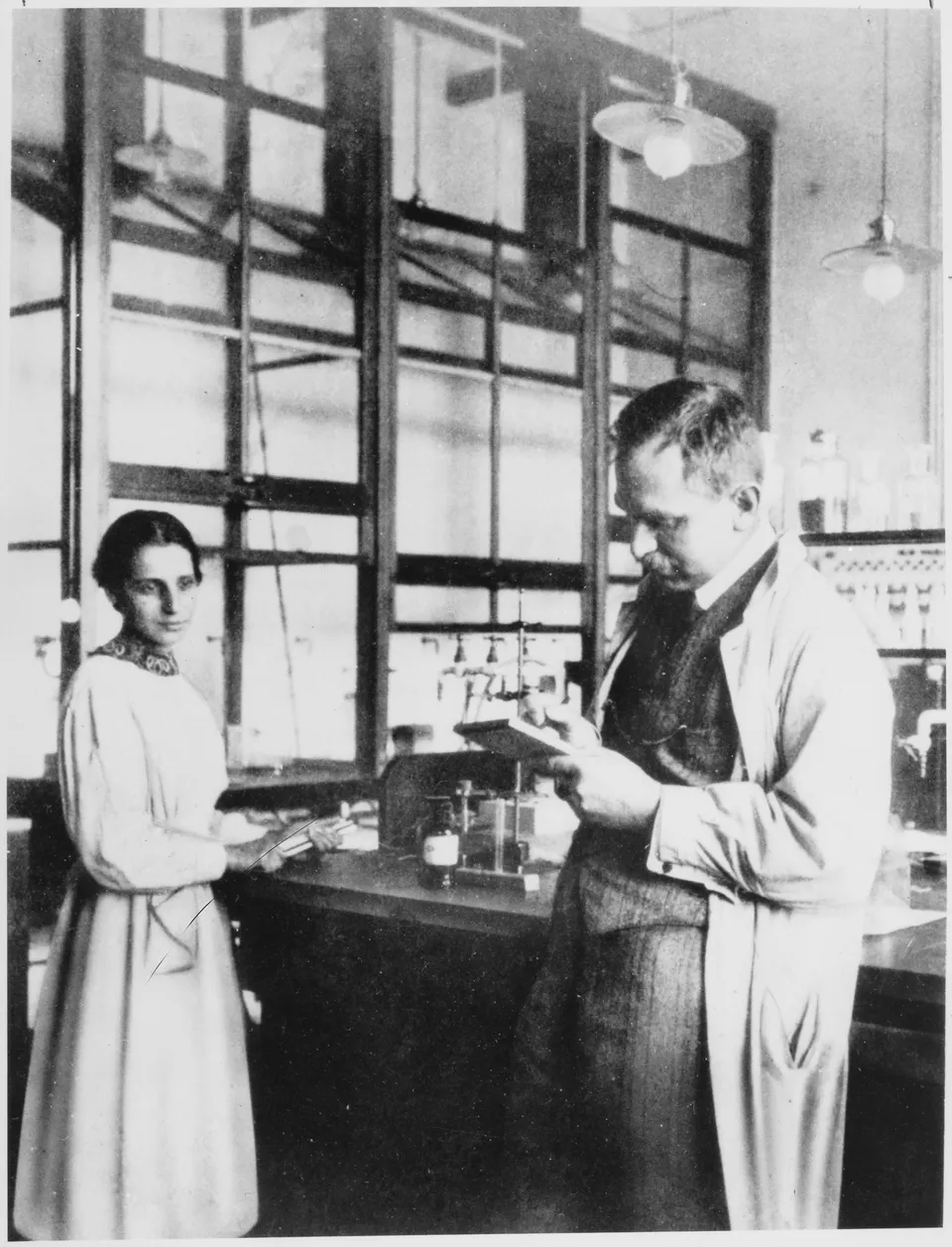 Otto Hahn (right) with Lise Meitner in their laboratory at Dahlem, Berlin, 1913