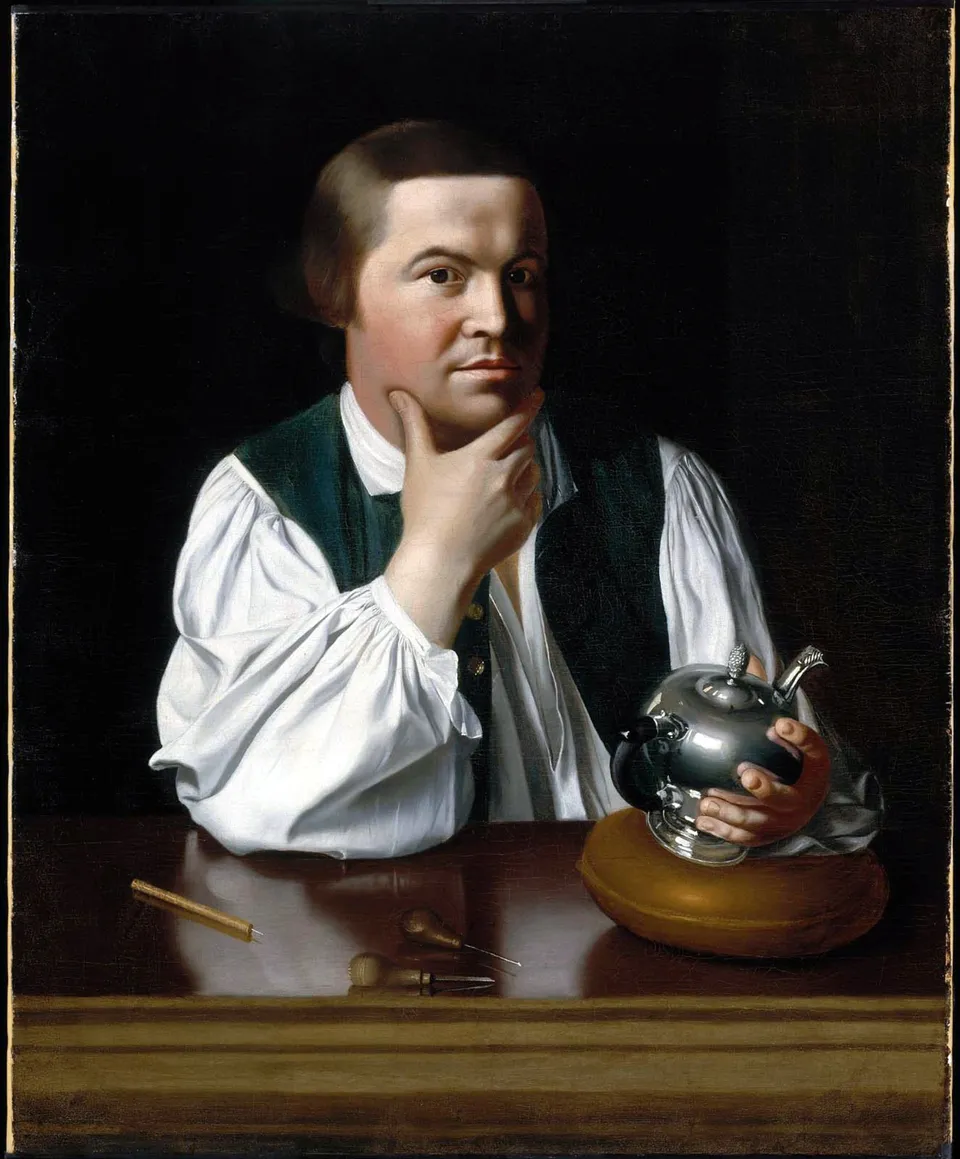 Paul Revere with a silver teapot — portrait by John Singleton Copley (c. 1768, Museum of Fine Arts, Boston)