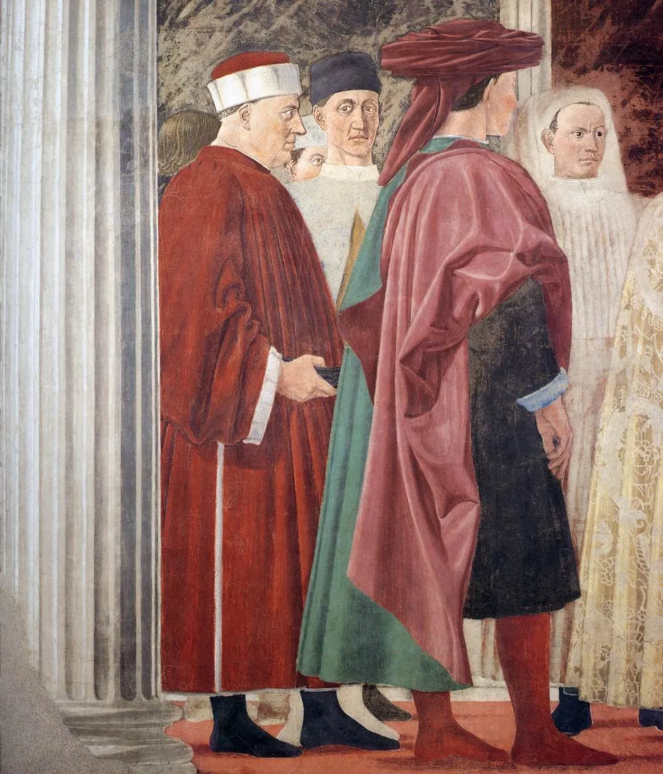 The Queen of Sheba meeting Solomon — from Piero della Francesca’s Legend of the True Cross frescoes, 1450s, San Francesco, Arezzo